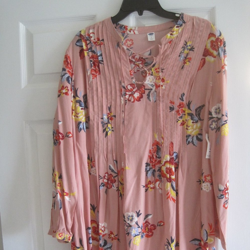 OLD NAVY DUSTY ROSE PINK FLORAL PINTUCK PLEATED SWING BABYDOLL DRESS LARGE NWT
